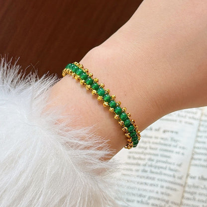 Vintage Green Agate Carved Bead Braided Bracelet