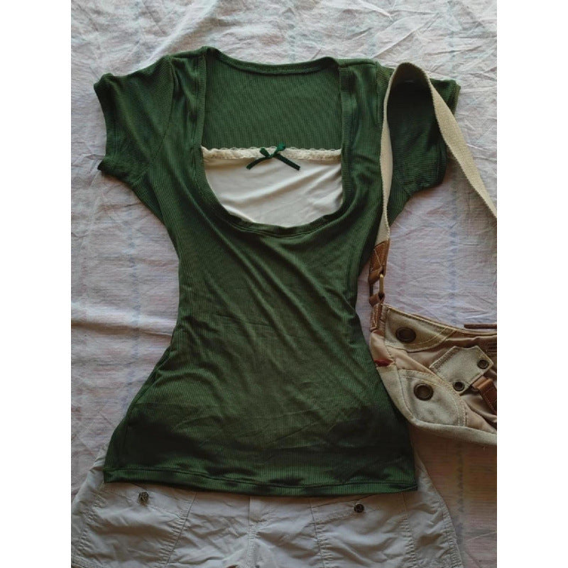 Vintage Green Lace Bow Short Sleeve Top
