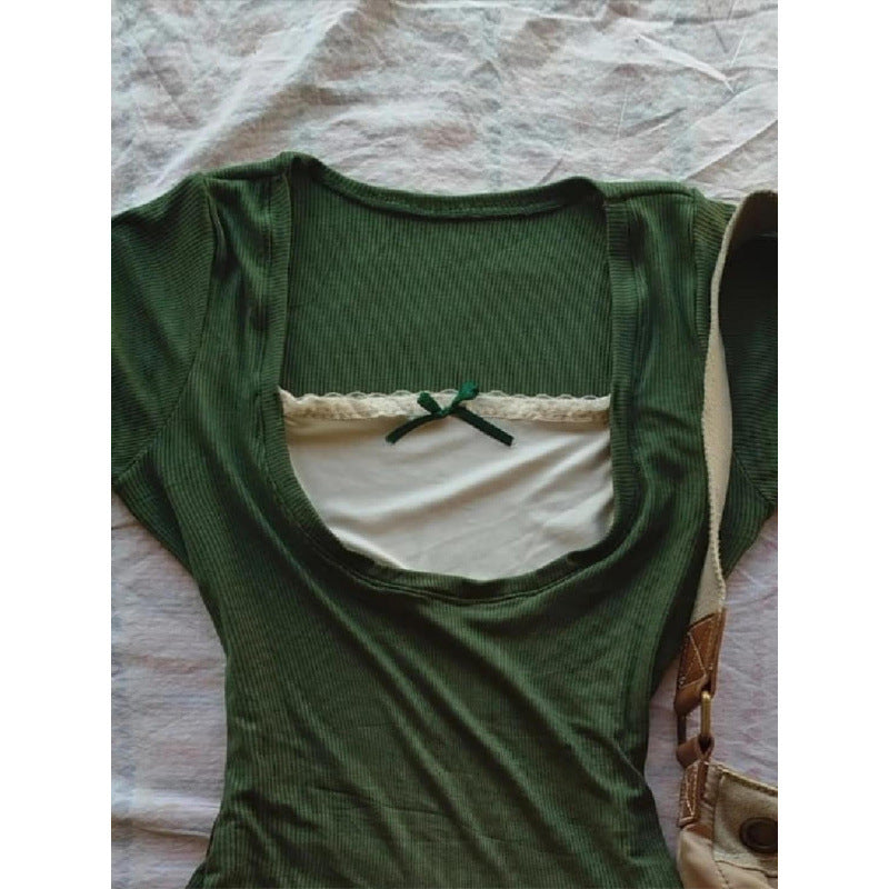 Vintage Green Lace Bow Short Sleeve Top