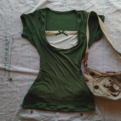 Vintage Green Lace Bow Short Sleeve Top