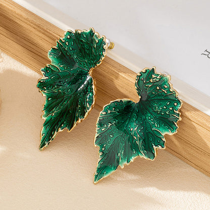 Vintage Green Leaf Enamel Earrings