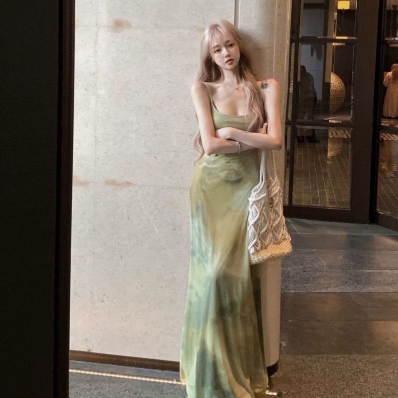 Vintage Light Green Printed Long Dress with U-neck
