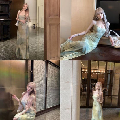 Vintage Light Green Printed Long Dress with U-neck