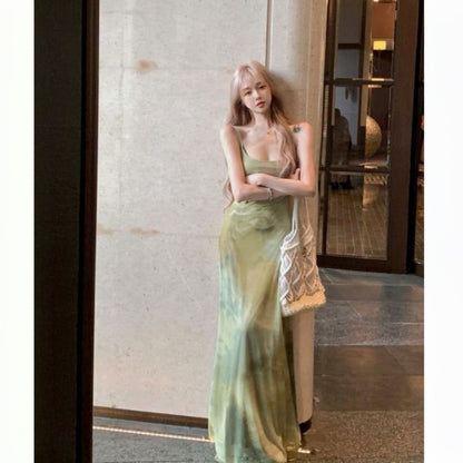 Vintage Light Green Printed Long Dress with U-neck