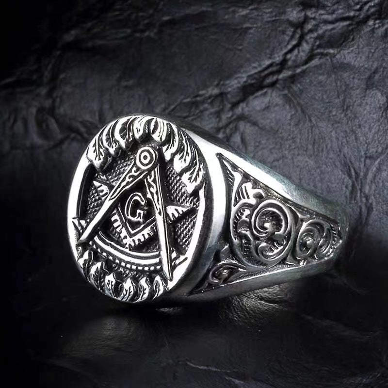 Vintage Masonic Ring for Men Silver Crown Design