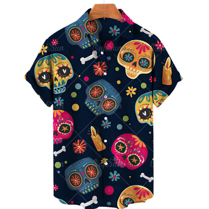 Vintage Men's Short Sleeve Shirt with Skull Print