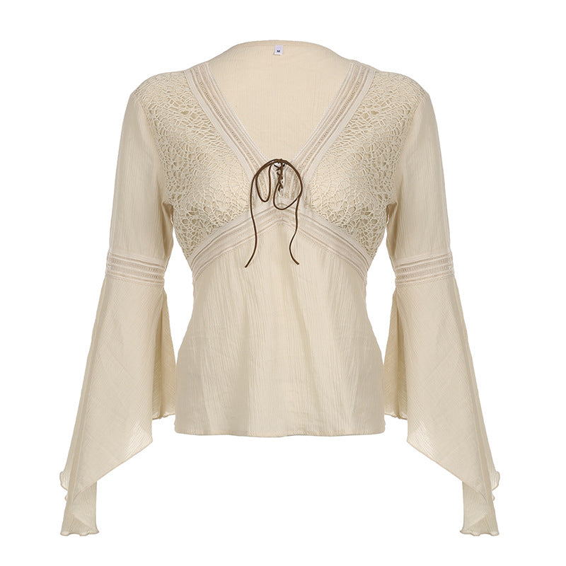 Vintage Mesh Lace-Up Bell Sleeve T-Shirt