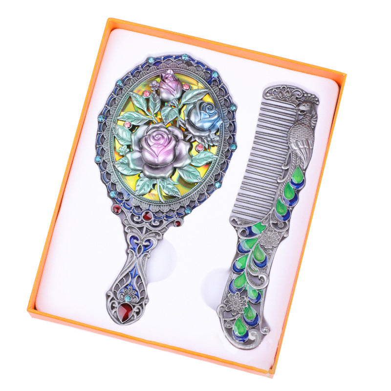 Vintage Metal Hand Mirror with Comb Set