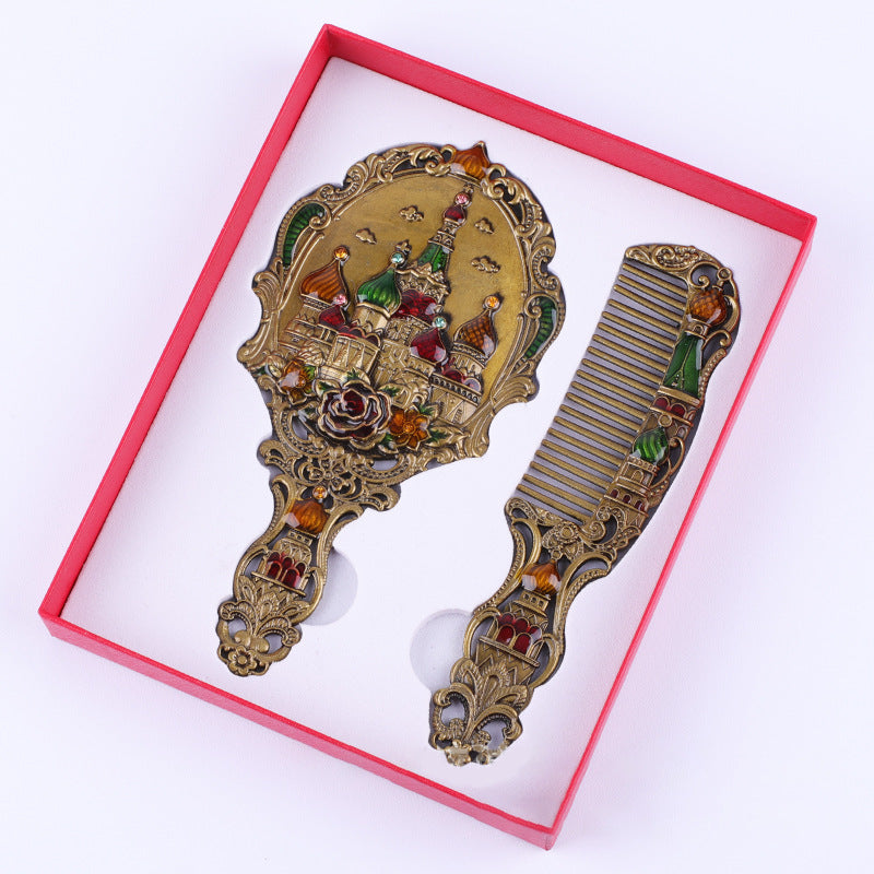 Vintage Metal Hand Mirror with Comb Set