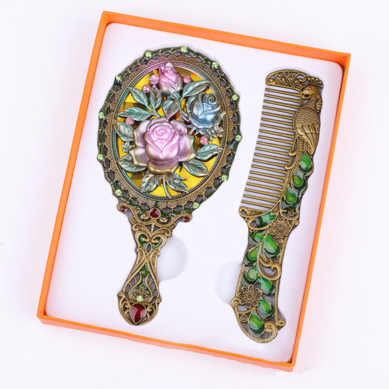 Vintage Metal Hand Mirror with Comb Set