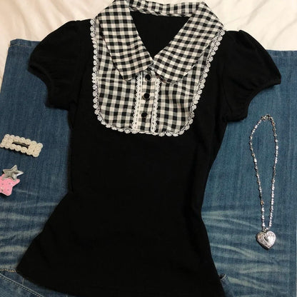 Vintage Plaid Polo Shirt Women Oversize T-Shirt