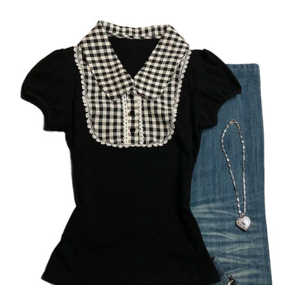 Vintage Plaid Polo Shirt Women Oversize T-Shirt
