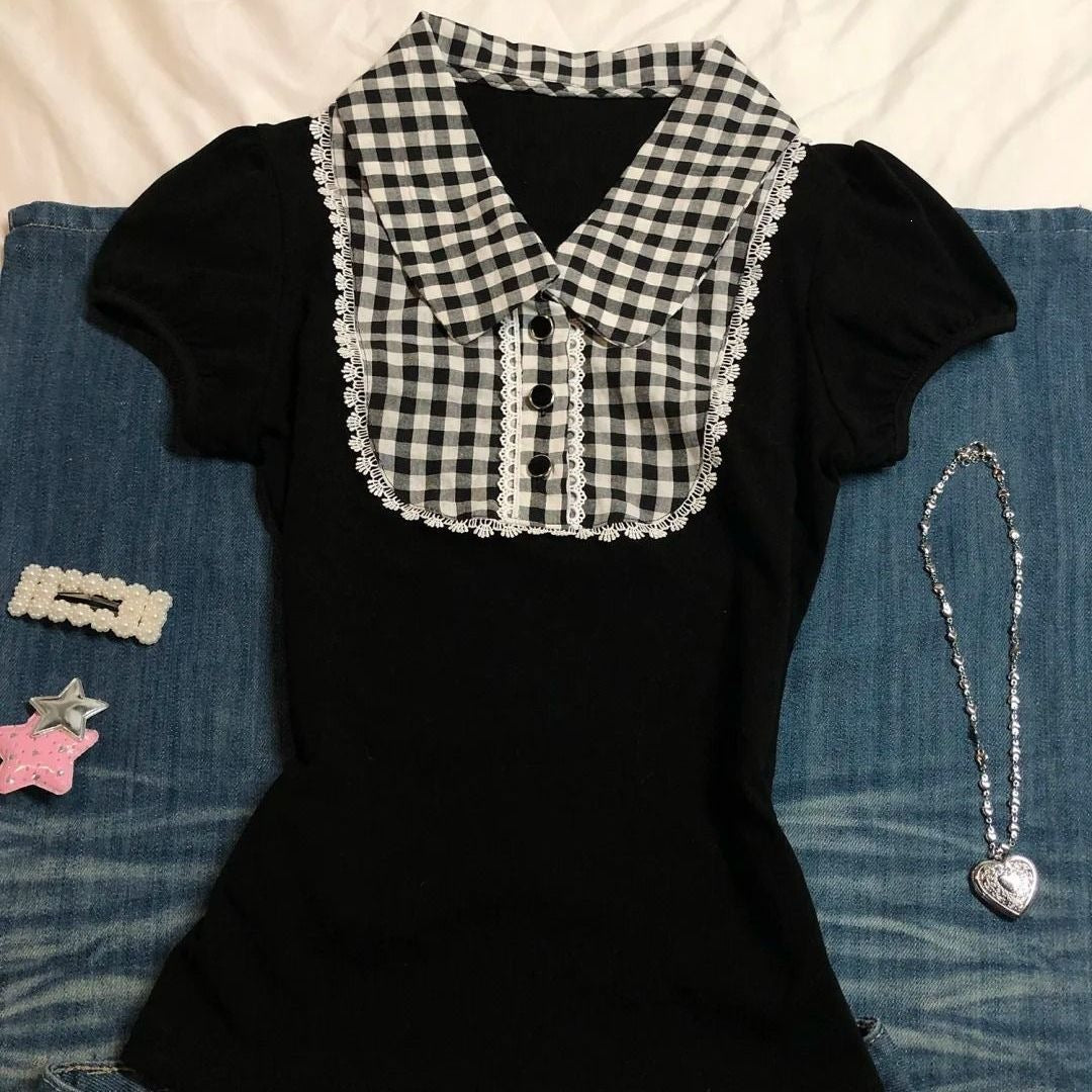 Vintage Plaid Polo Shirt Women Oversize T-Shirt
