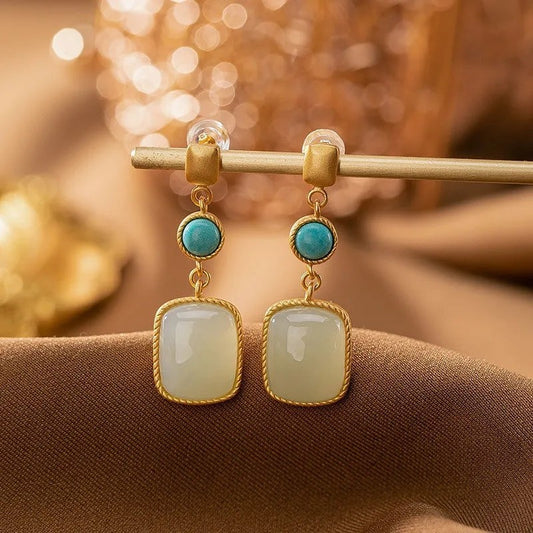 Vintage Plated Square Hetian Jade Stud Earrings
