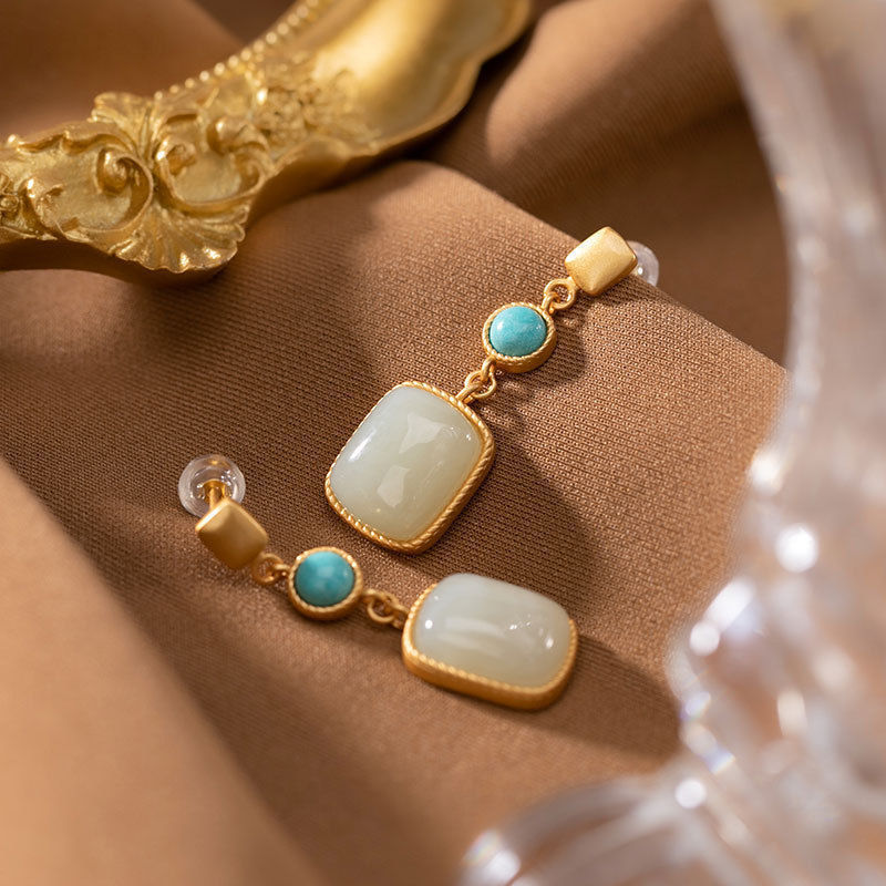 Vintage Plated Square Hetian Jade Stud Earrings