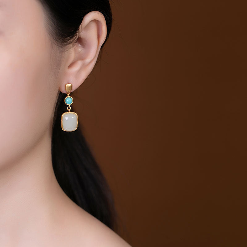 Vintage Plated Square Hetian Jade Stud Earrings