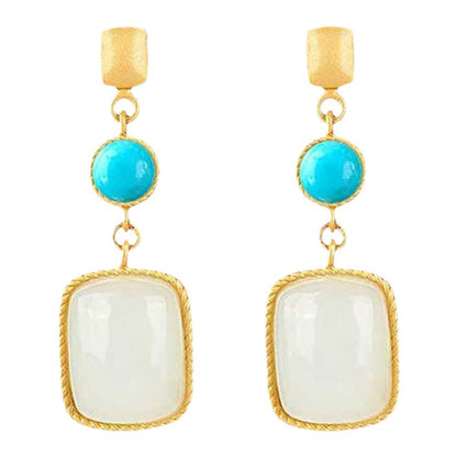 Vintage Plated Square Hetian Jade Stud Earrings