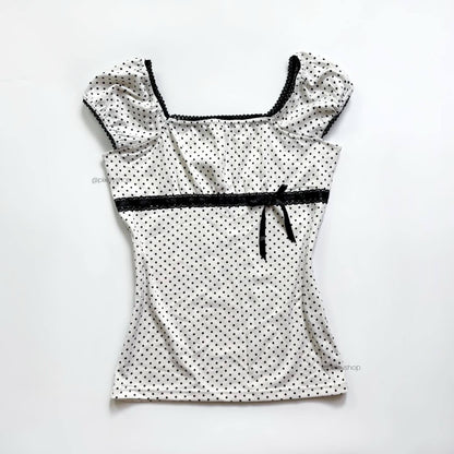 Vintage Polka Dot Bubble Sleeve Blouse