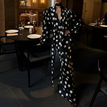 Vintage Polka Dot Maxi Dress with Bubble Sleeves
