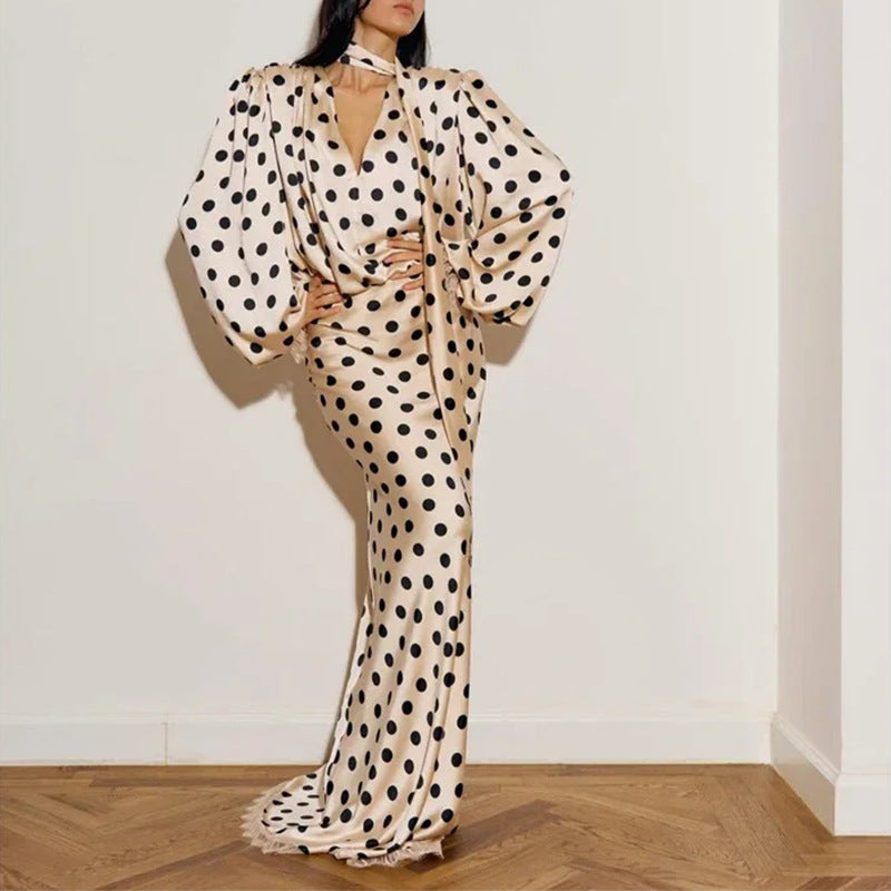 Vintage Polka Dot Maxi Dress with Bubble Sleeves