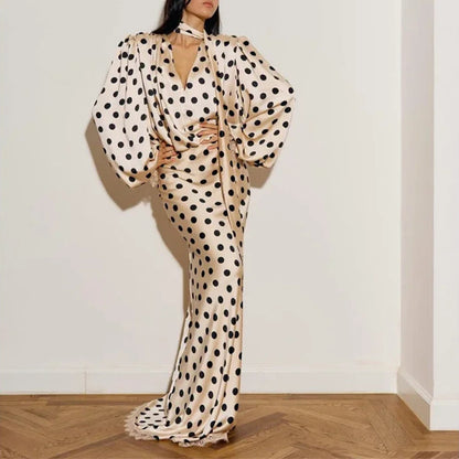 Vintage Polka Dot Maxi Dress with Bubble Sleeves