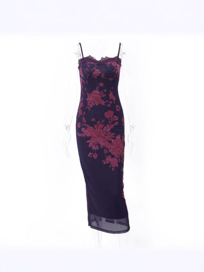 Vintage Print Lace Trim Backless Dress