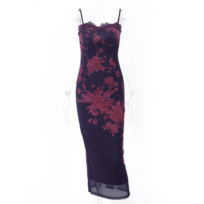 Vintage Print Lace Trim Backless Dress