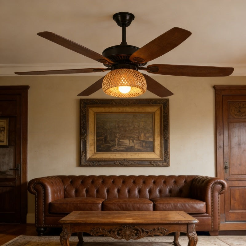 Vintage Rattan Ceiling Fan with Light