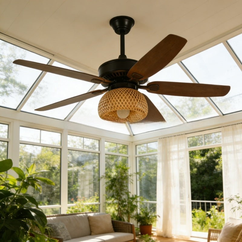 Vintage Rattan Ceiling Fan with Light