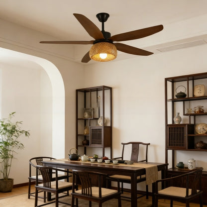 Vintage Rattan Ceiling Fan with Light