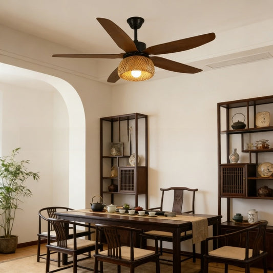 Vintage Rattan Ceiling Fan with Light