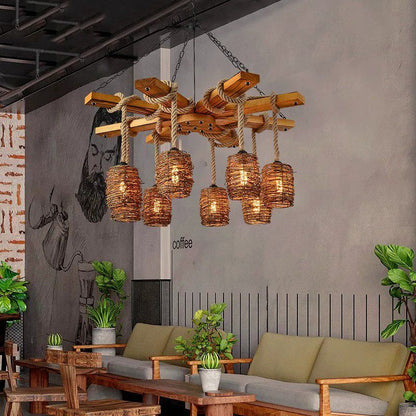 Vintage Rattan Wood Hemp Rope Chandelier