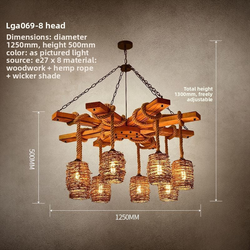 Vintage Rattan Wood Hemp Rope Chandelier