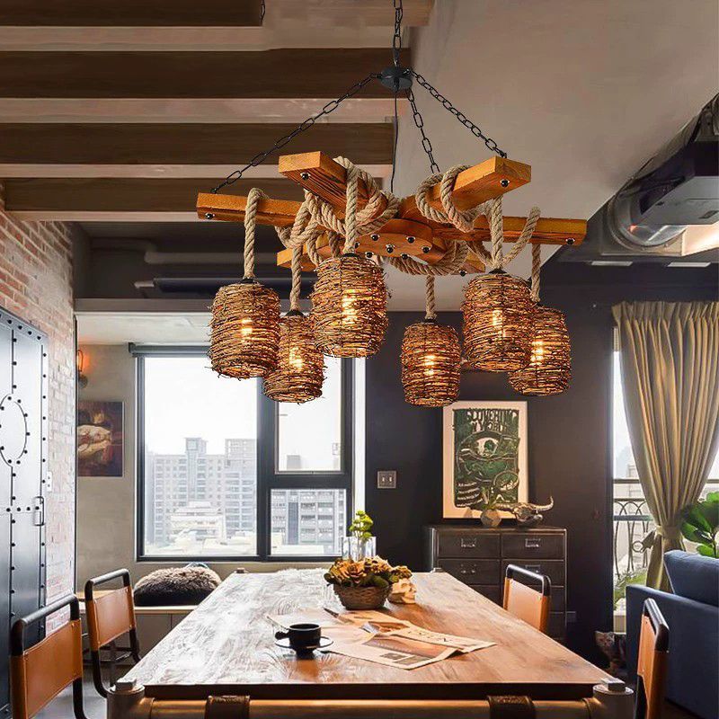 Vintage Rattan Wood Hemp Rope Chandelier