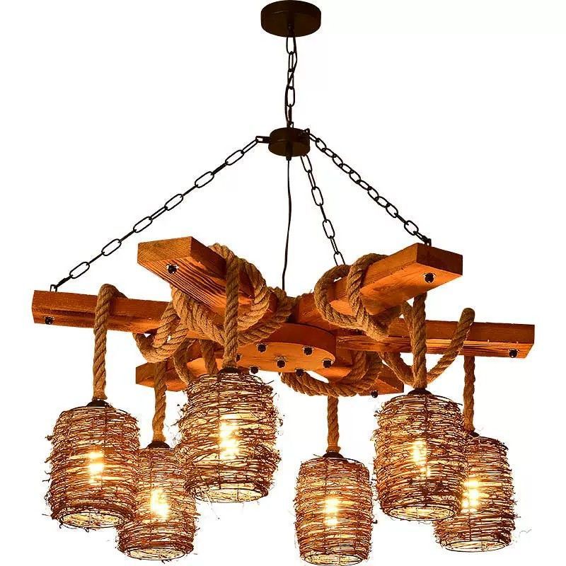 Vintage Rattan Wood Hemp Rope Chandelier