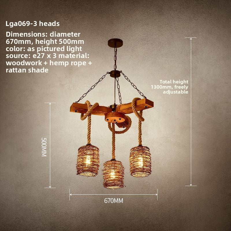 Vintage Rattan Wood Hemp Rope Chandelier