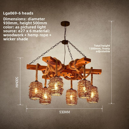 Vintage Rattan Wood Hemp Rope Chandelier