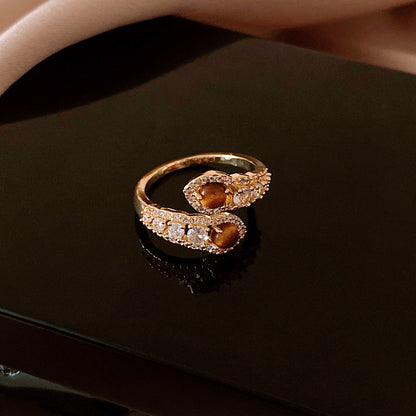 Vintage Snake-shaped Open Ring with Tiger Eye Stone