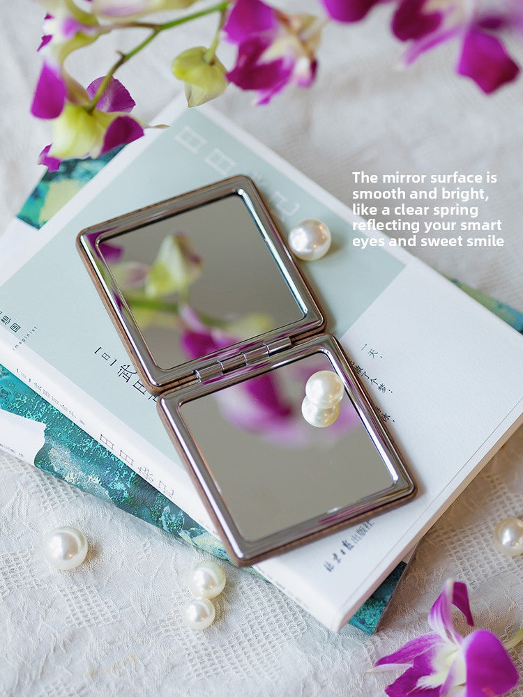Vintage Solid Wood Pocket Mirror with Pearl Accent