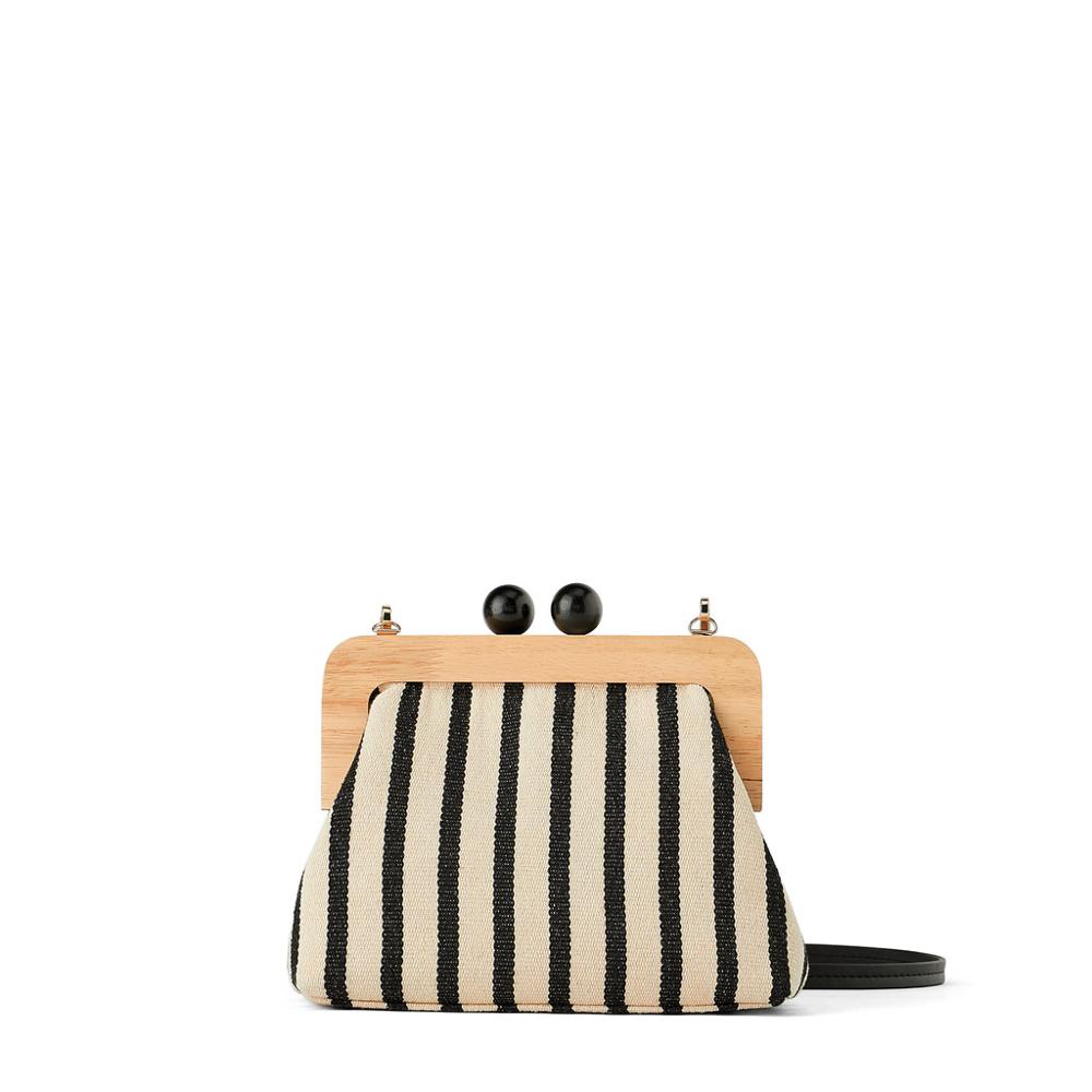 Vintage Striped Wooden Clip Canvas Shoulder Bag