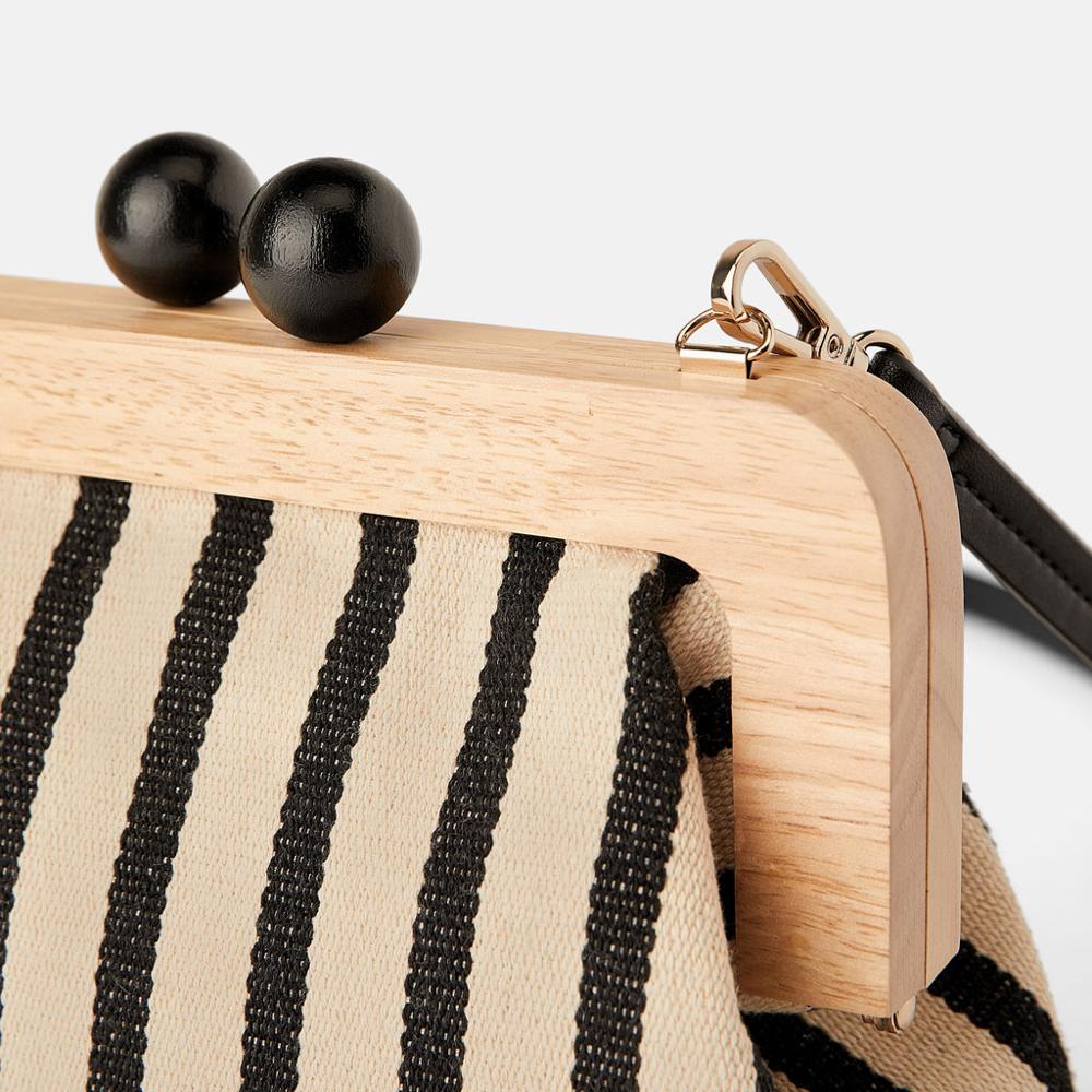 Vintage Striped Wooden Clip Canvas Shoulder Bag