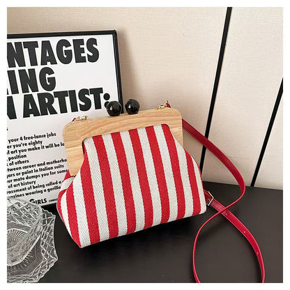 Vintage Striped Wooden Clip Canvas Shoulder Bag