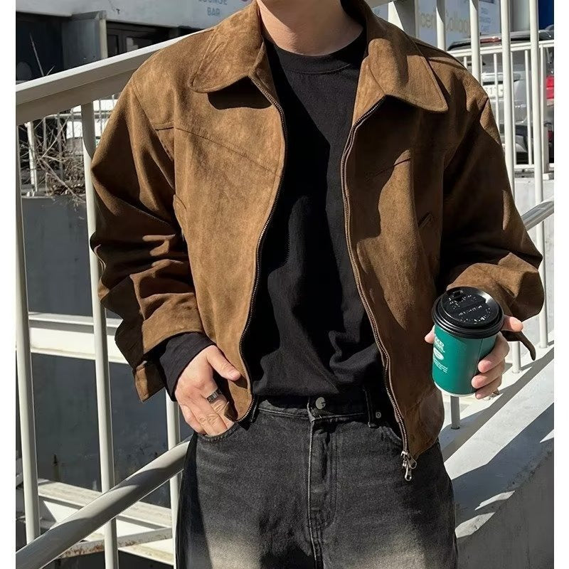 Vintage Suede Jacket Mens Casual Zipper
