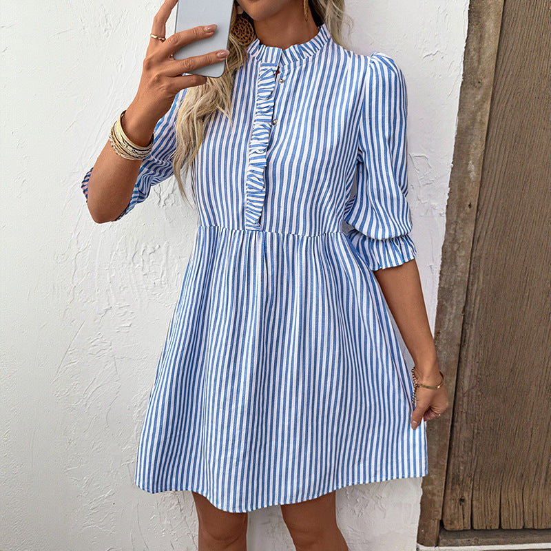 Vintage Sweet Puff Sleeve Striped Dress