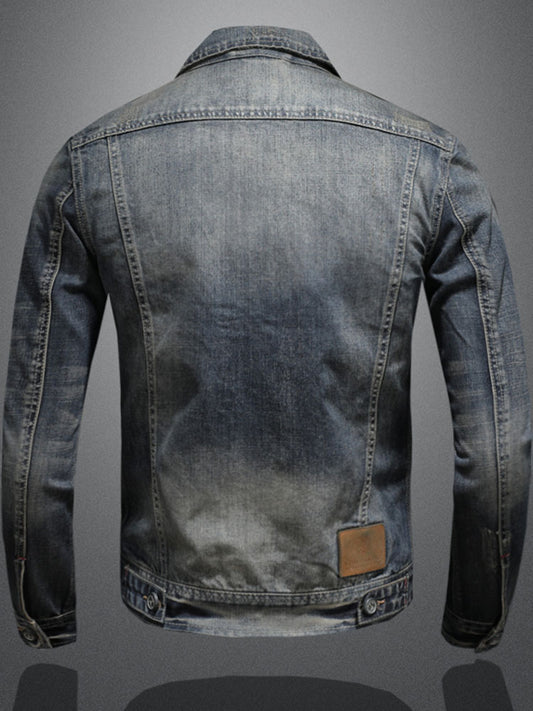 Vintage Washed Denim Jacket with Lapel Collar
