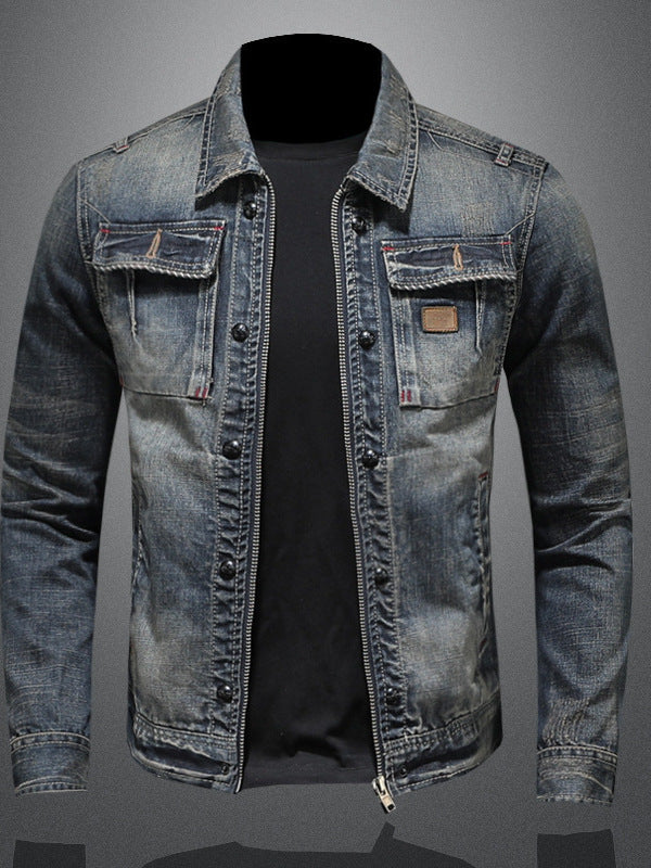 Vintage Washed Denim Jacket with Lapel Collar