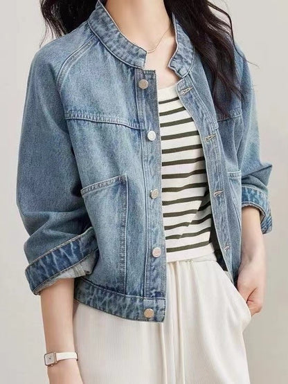 Vintage Washed Denim Stand Collar Jacket