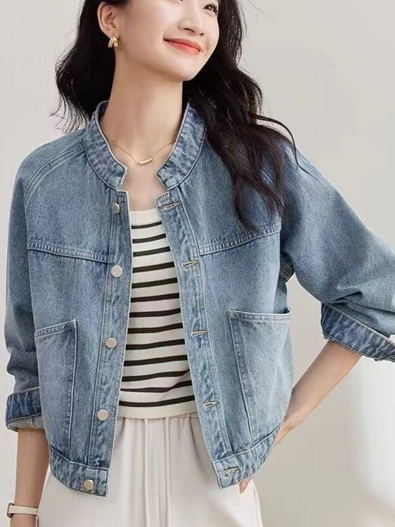 Vintage Washed Denim Stand Collar Jacket