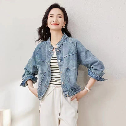 Vintage Washed Denim Stand Collar Jacket