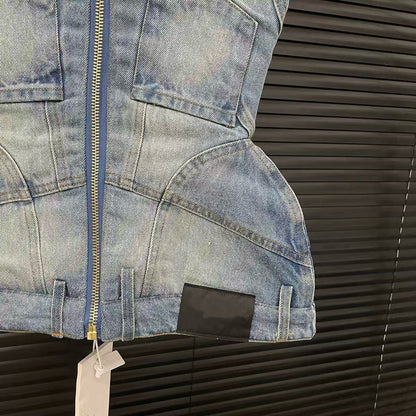 Vintage Washed Denim Waist-Cinching Tube Top for Women